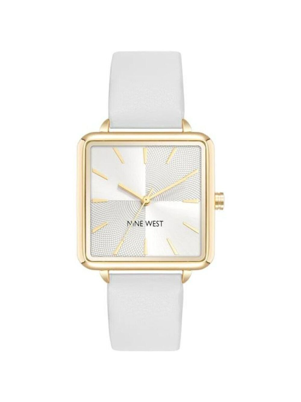Nine West Womens Strap Watch Silver Dial Gold Markers White Faux Leather
